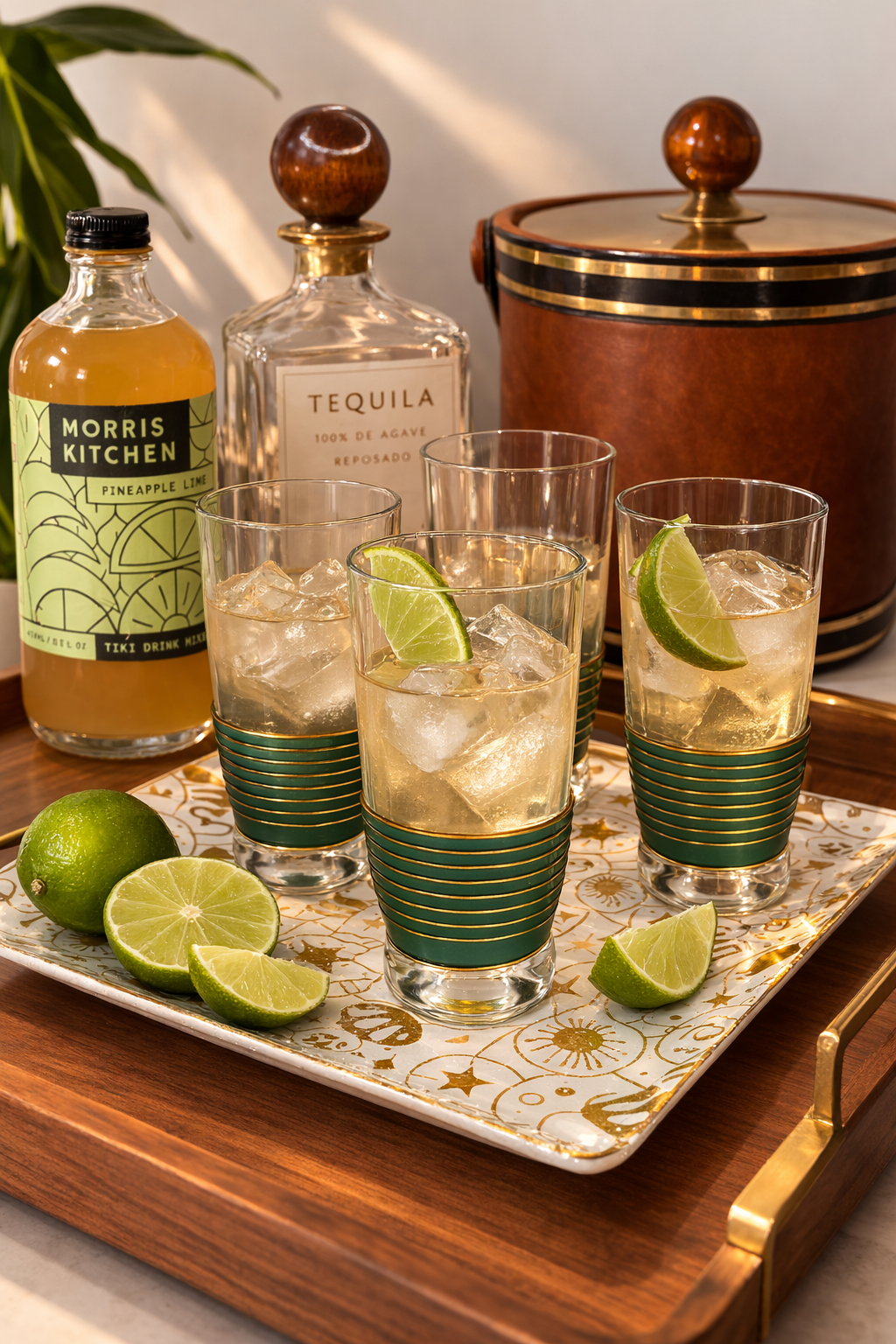 Vintage green and gold striped cocktail glasses styled on mid century bar tray with lime cocktails