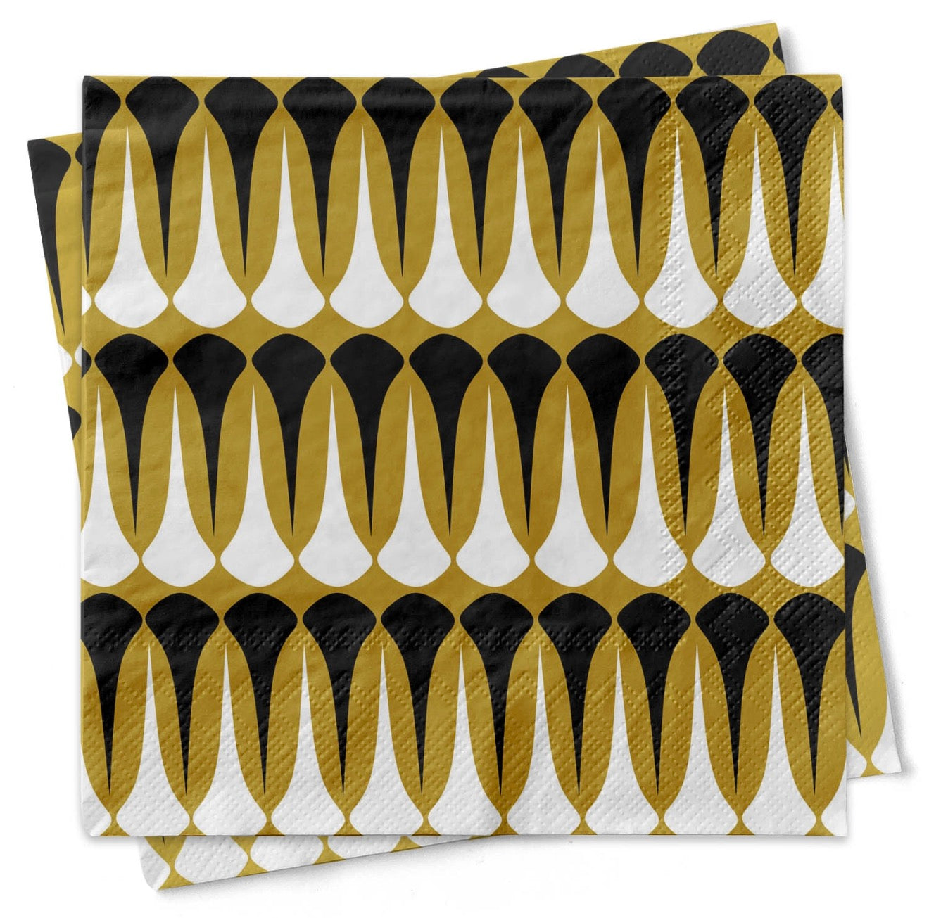 Set of black amber and white geometric mid century modern cocktail napkins stacked on white background.