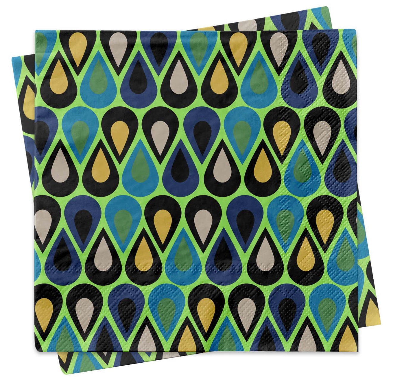 Retro mid century modern cocktail napkins with blue green gold black teardrop geometric pattern