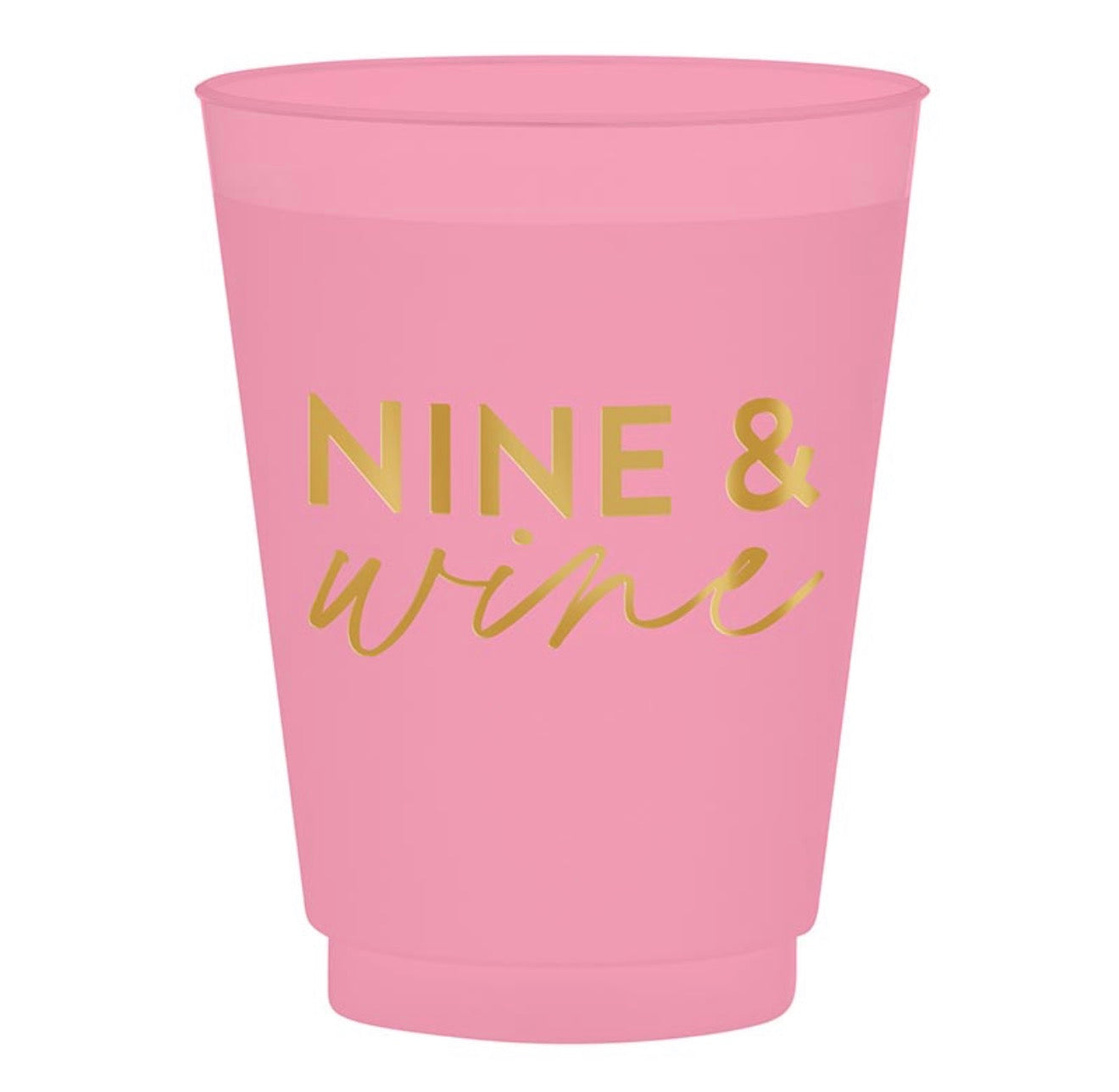 Pink reusable frost cup with gold foil Nine & Wine design for golf parties and wine gatherings.