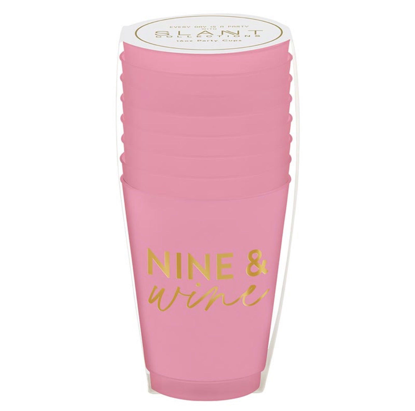 Packaged set of six pink Nine & Wine reusable frost cups with gold foil lettering.