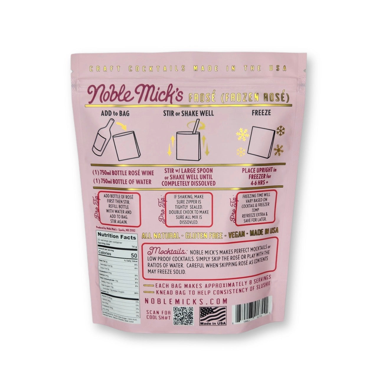 Back of Noble Mick’s Frosé frozen cocktail mix pouch showing instructions and preparation steps
