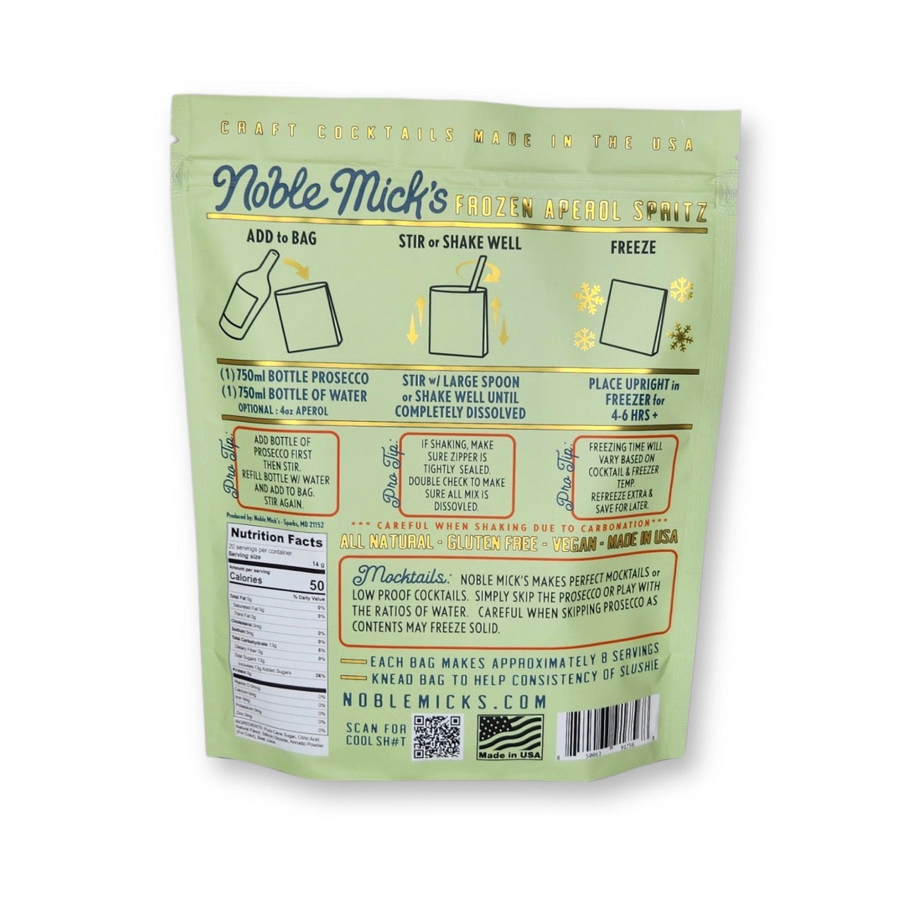 Back of Noble Mick’s frozen Aperol Spritz cocktail mix showing preparation instructions and details