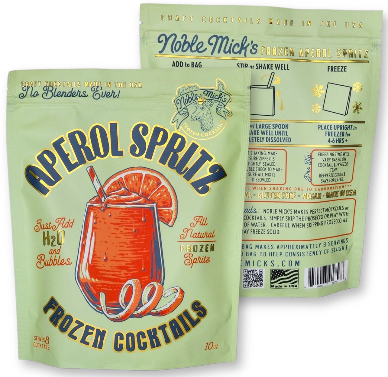 Noble Mick’s frozen Aperol Spritz cocktail mix pouch showing front and back packaging
