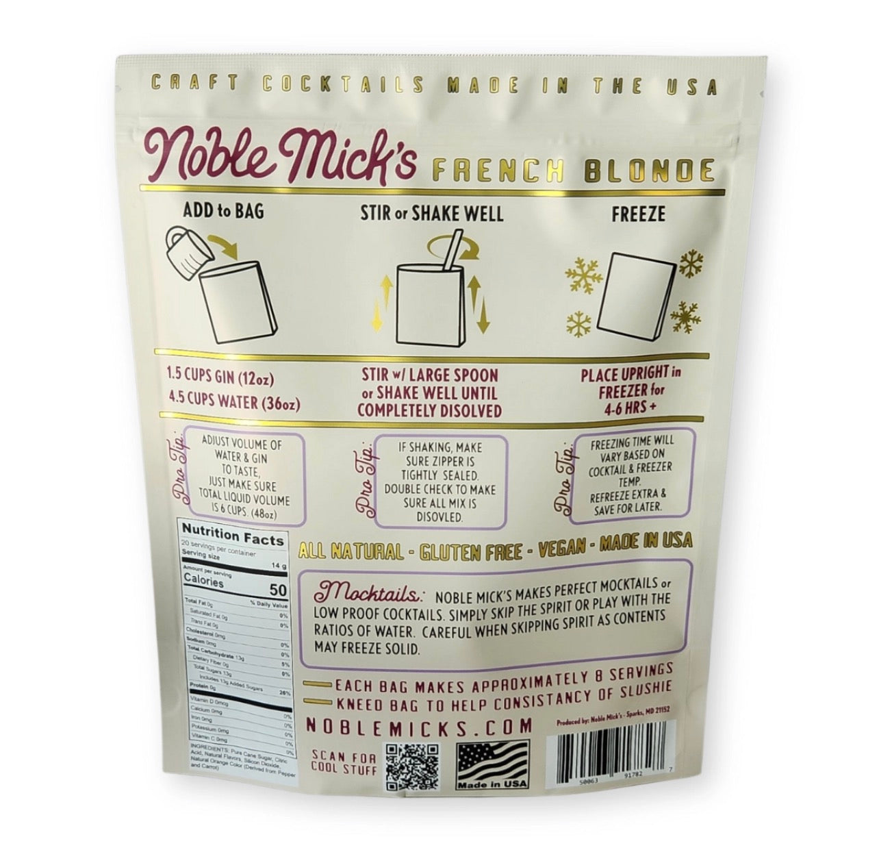 Back of Noble Mick’s frozen French Blonde cocktail mix pouch showing preparation instructions