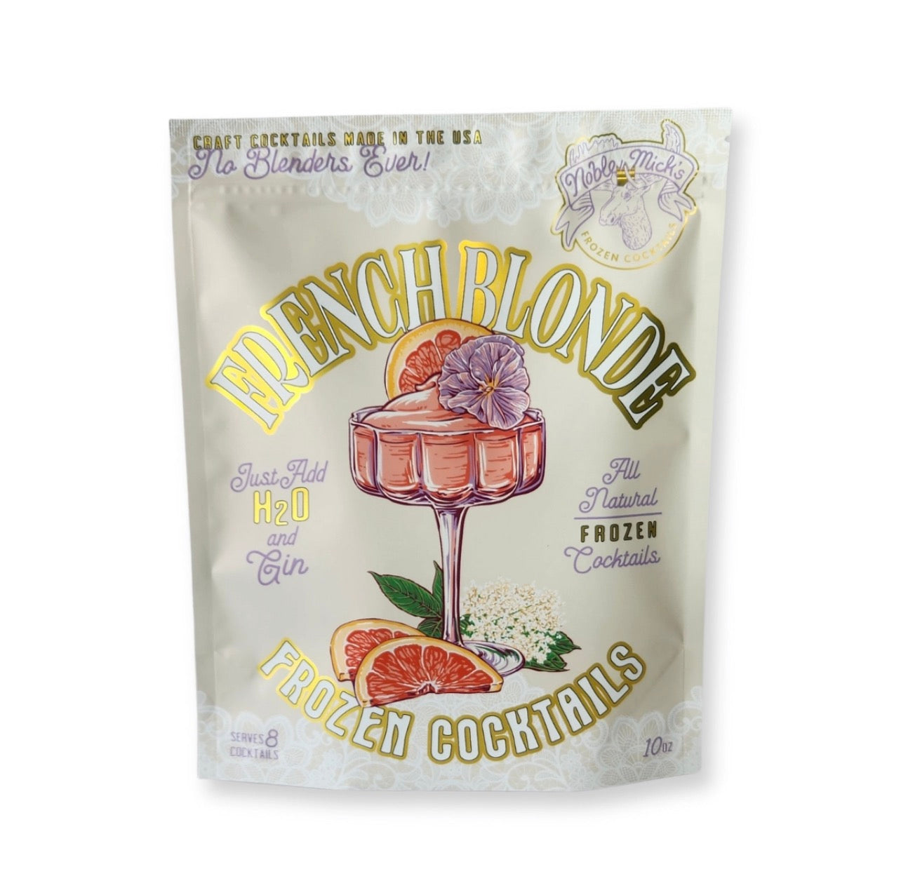Noble Mick’s frozen French Blonde cocktail mix pouch front packaging for easy frozen cocktails
