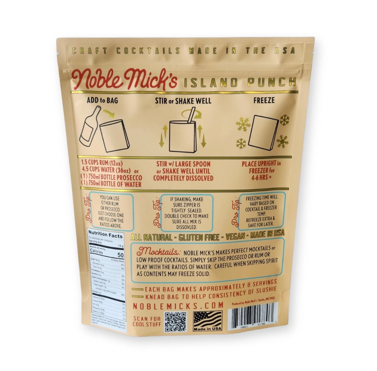 Back of Noble Mick’s frozen Island Punch cocktail mix pouch showing preparation instructions