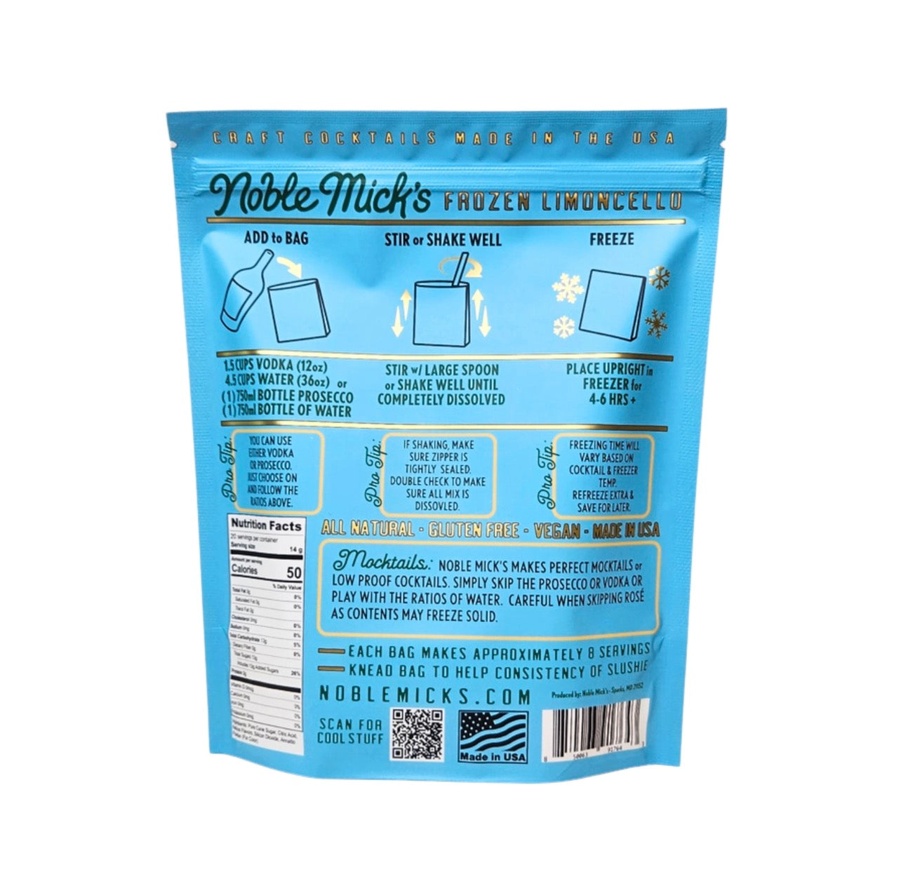 Back of Noble Mick’s frozen limoncello cocktail mix pouch showing preparation instructions
