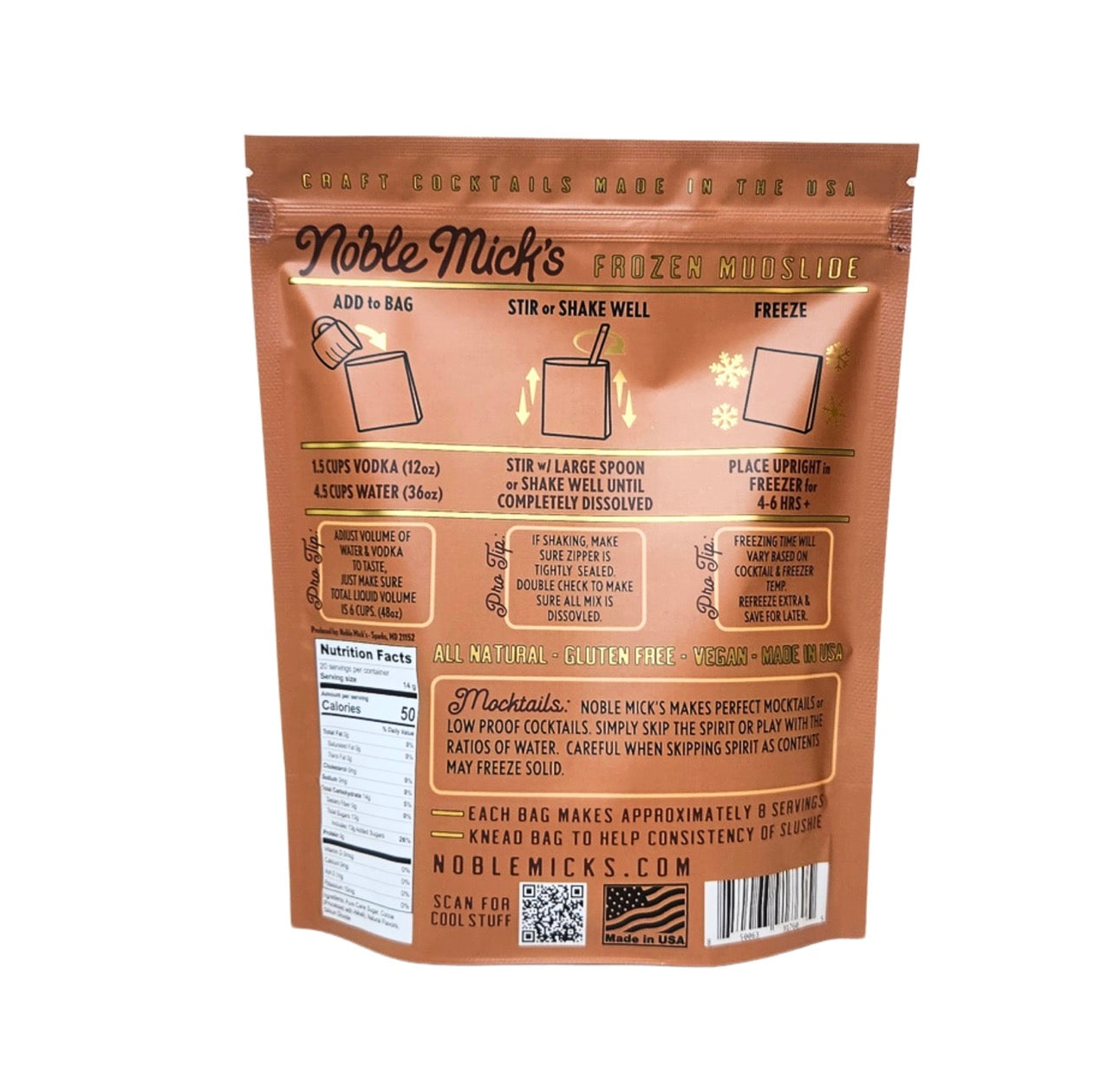 Back of Noble Mick’s frozen mudslide cocktail mix pouch showing preparation instructions
