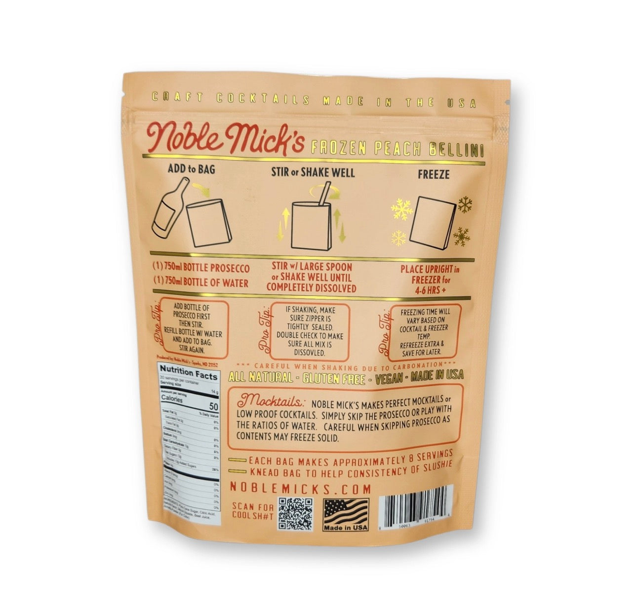 Back of Noble Mick’s frozen peach bellini cocktail mix pouch showing preparation instructions