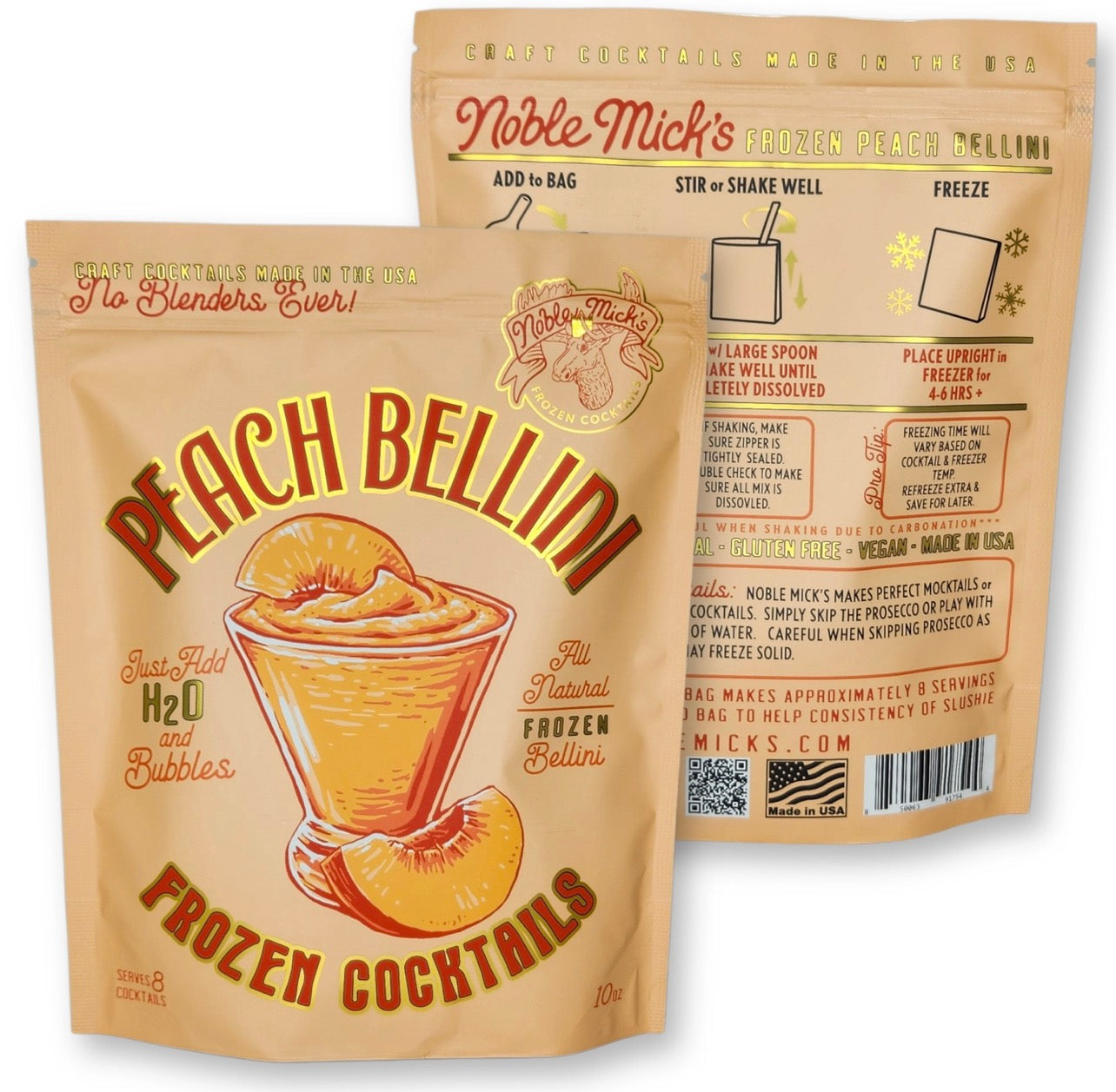 Front and back packaging of Noble Mick’s frozen peach bellini cocktail mix pouch