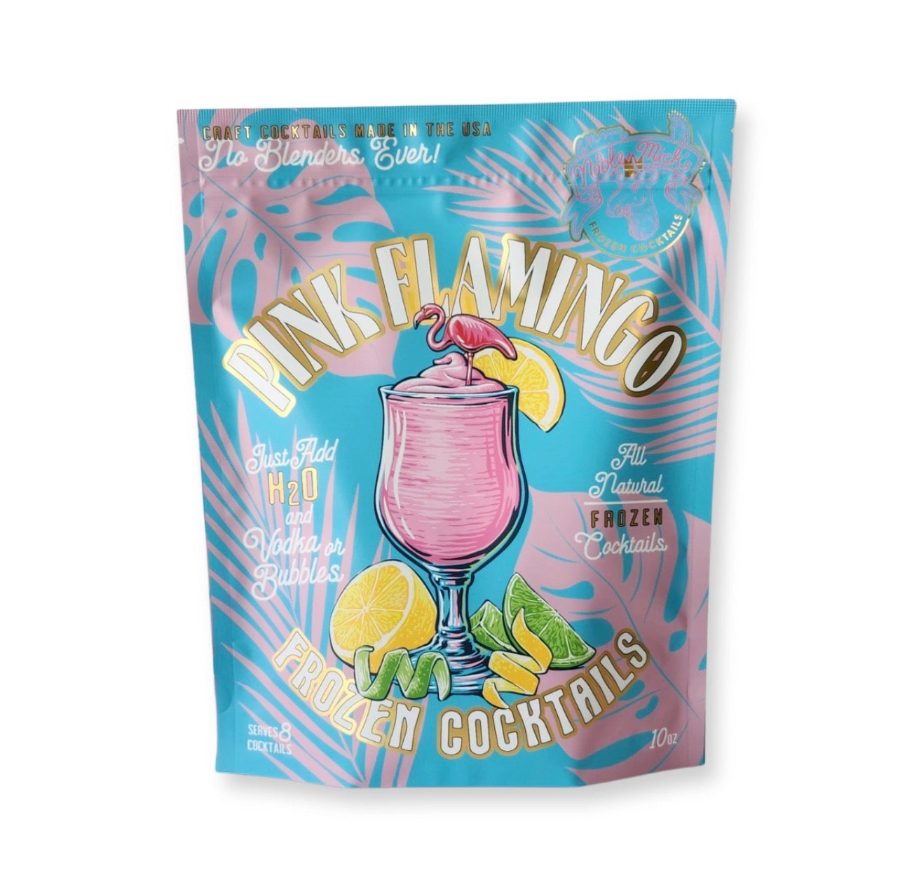 Noble Mick’s frozen Pink Flamingo cocktail mix pouch with pink lemonade citrus design
