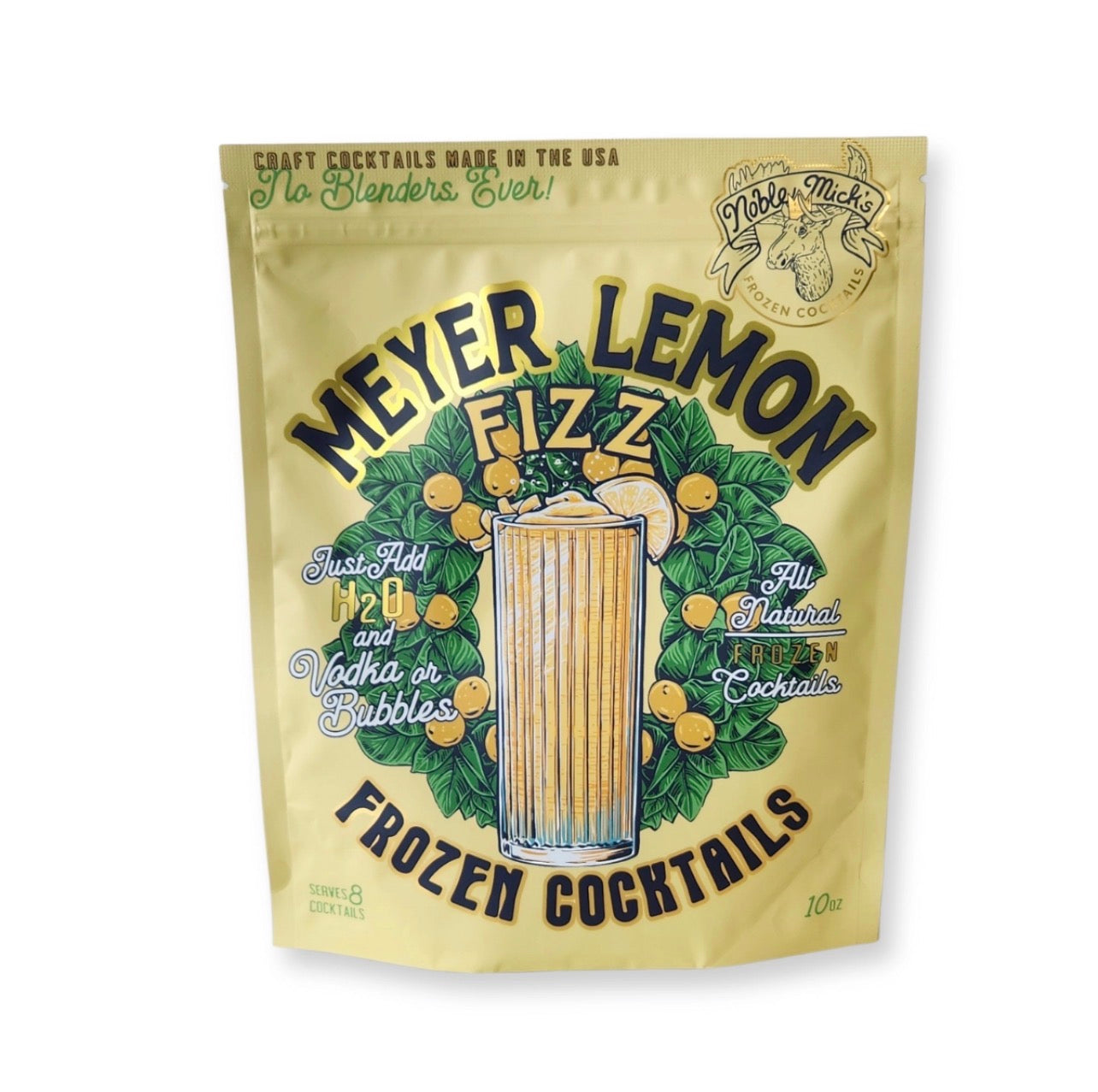 Noble Mick’s Meyer Lemon Fizz frozen cocktail mix pouch front packaging makes 8 frozen cocktails