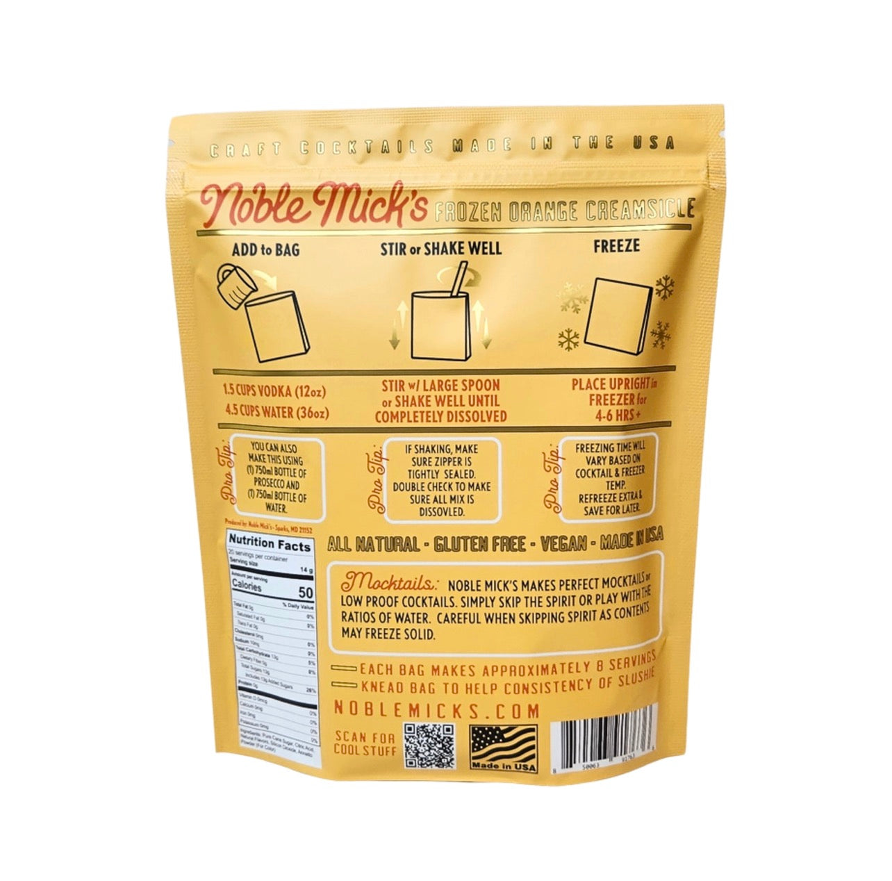 Back of Noble Mick’s Orange Creamsicle frozen cocktail mix pouch showing preparation instructions
