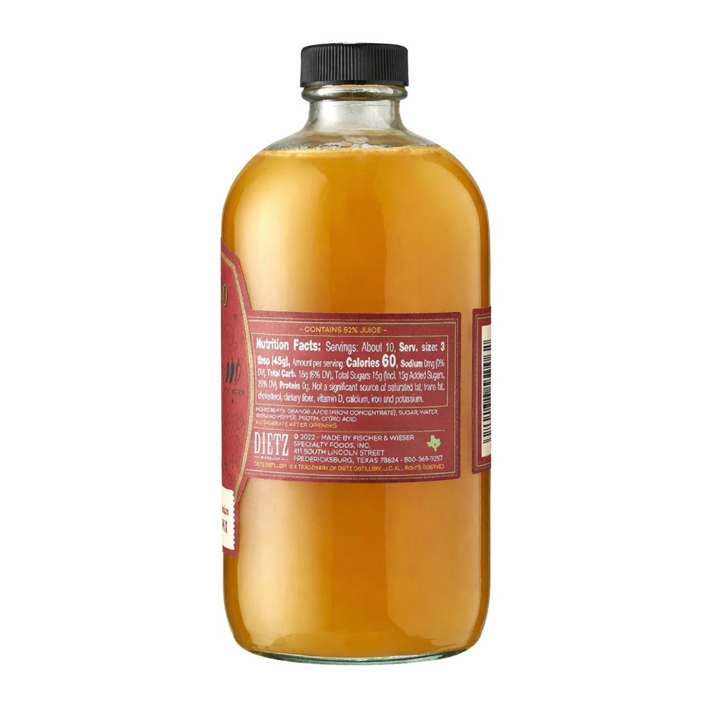 Orange Serrano cocktail mix bottle back label with nutrition facts and ingredients on white background