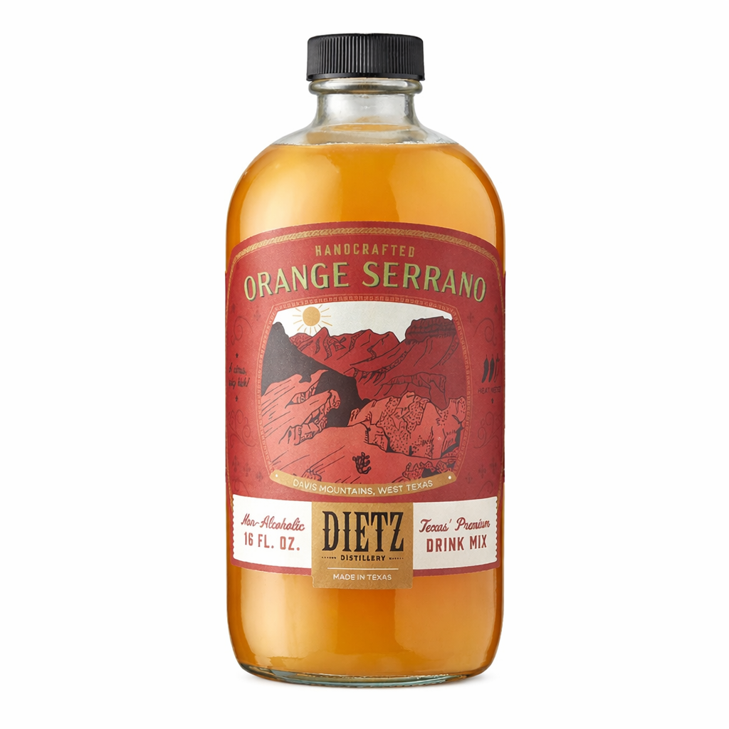 Orange Serrano cocktail mix bottle front label on white background Texas made drink mixer