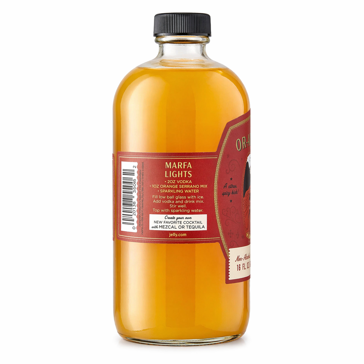 Orange Serrano cocktail mix bottle side label with Marfa Lights recipe on white background