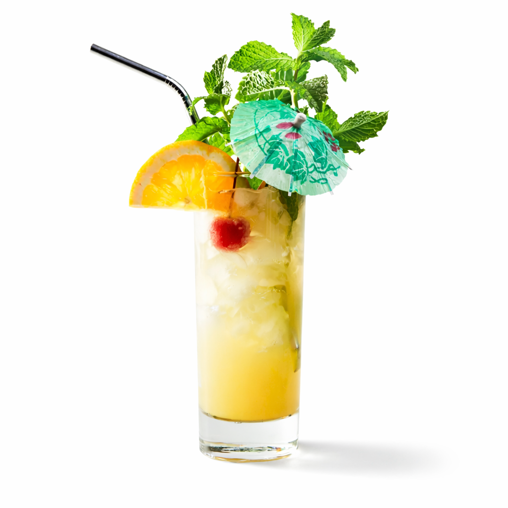 Tall tiki cocktail made with pineapple lime mixer garnished with orange slice cherry and umbrella.
