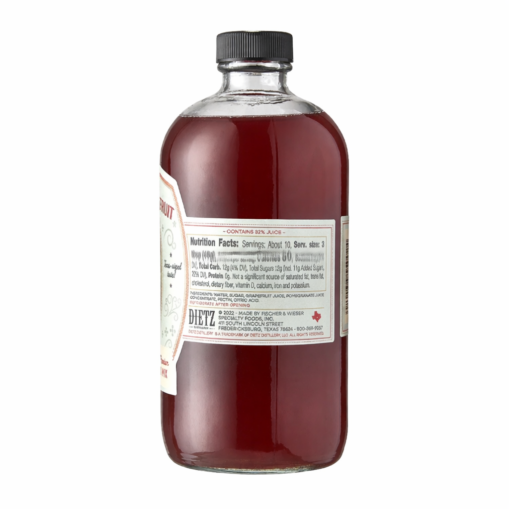 Pomegranate Grapefruit cocktail mix bottle back label with nutrition facts and ingredients on white background