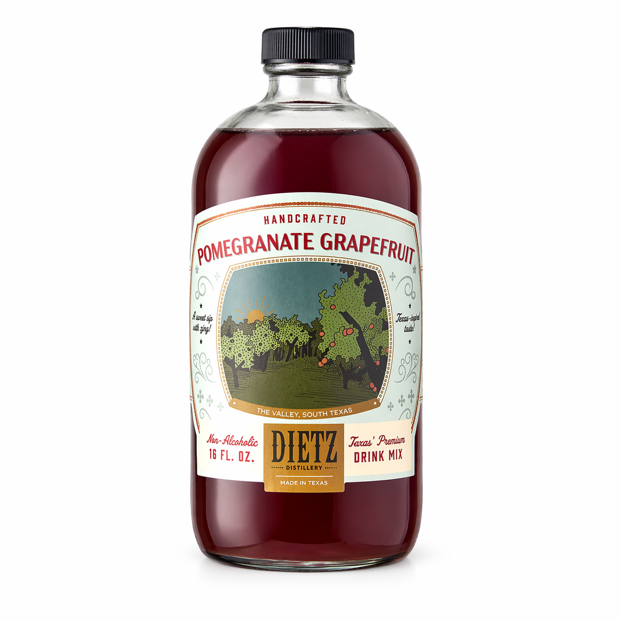 Pomegranate Grapefruit cocktail mix bottle front label on white background Texas made drink mixer