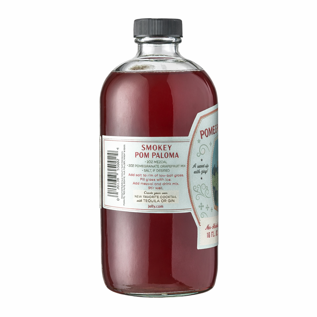 Pomegranate Grapefruit cocktail mix bottle side label with Smokey Pom Paloma recipe on white background