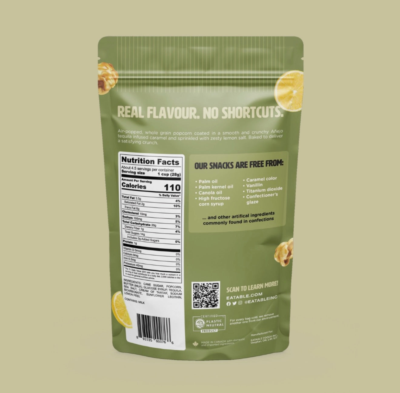 Back of Eatable Pop the Salt and Tequila popcorn bag showing nutrition facts and ingredients