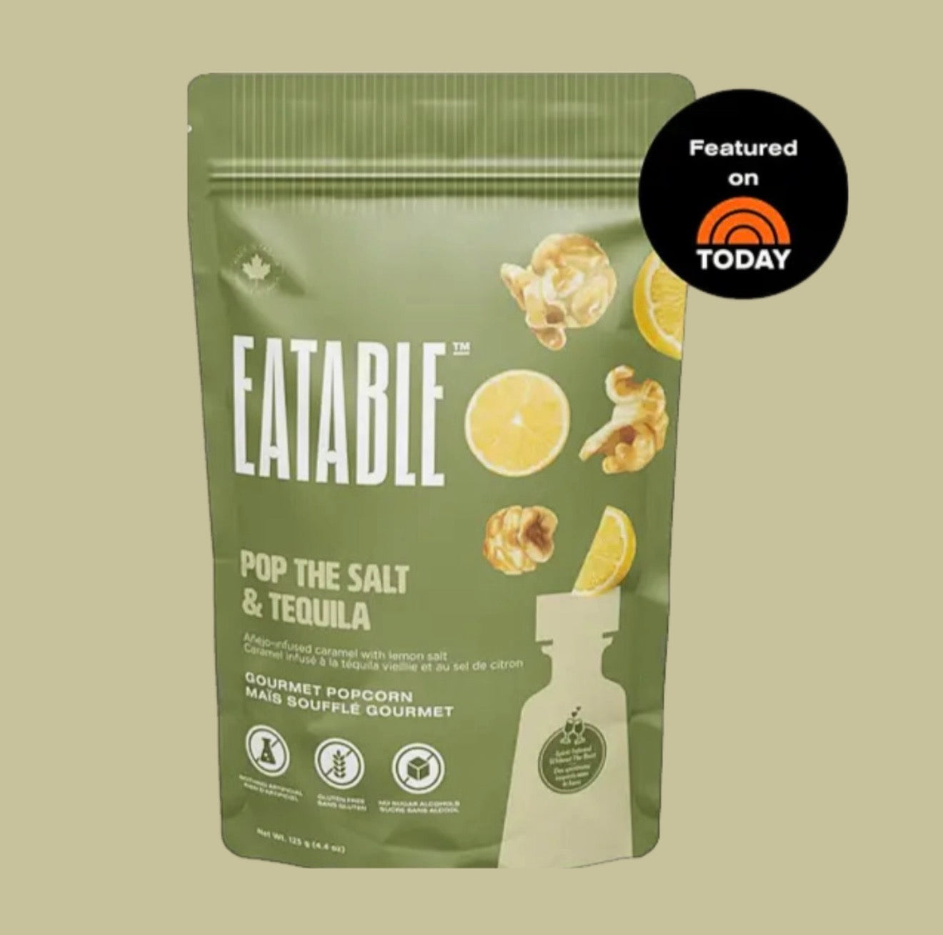 Front of Eatable Pop the Salt and Tequila gourmet popcorn bag with lemon graphics