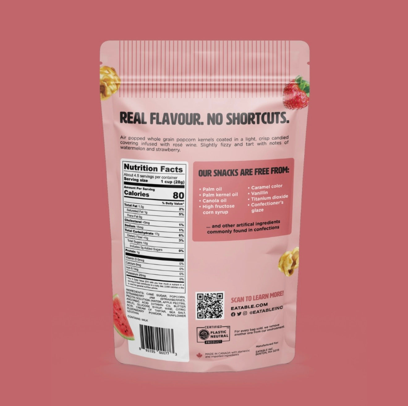 Back of Poppin Rosé All Day popcorn bag showing nutrition facts and ingredients