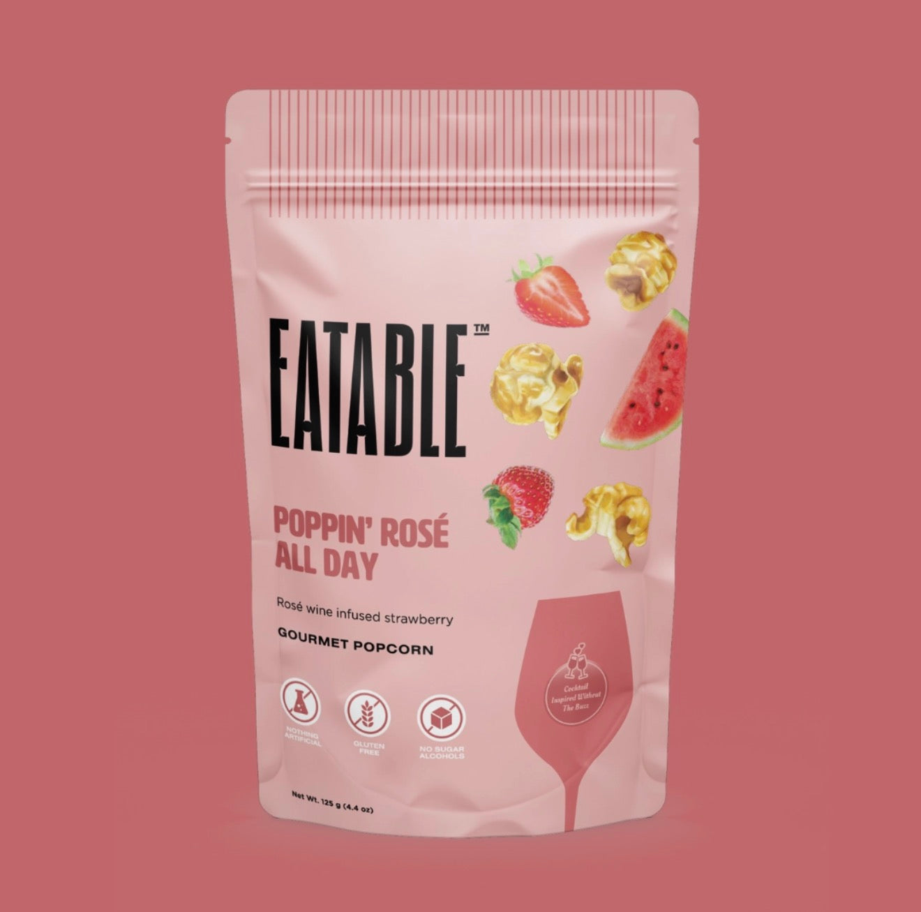 Front of Eatable Poppin Rosé All Day gourmet popcorn bag with strawberry and watermelon graphics