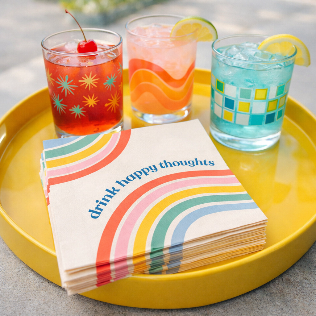 Stack of retro rainbow cocktail napkins reading “drink happy thoughts” on a bright bar tray with colorful mid-century modern cocktail glasses and drinks.