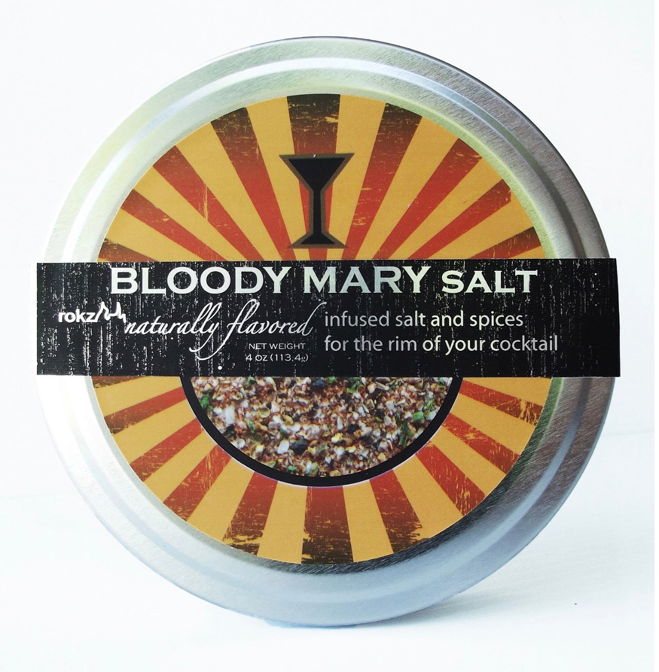 rokz Natural Bloody Mary Salt cocktail rimmer container with bold vintage-inspired label.
