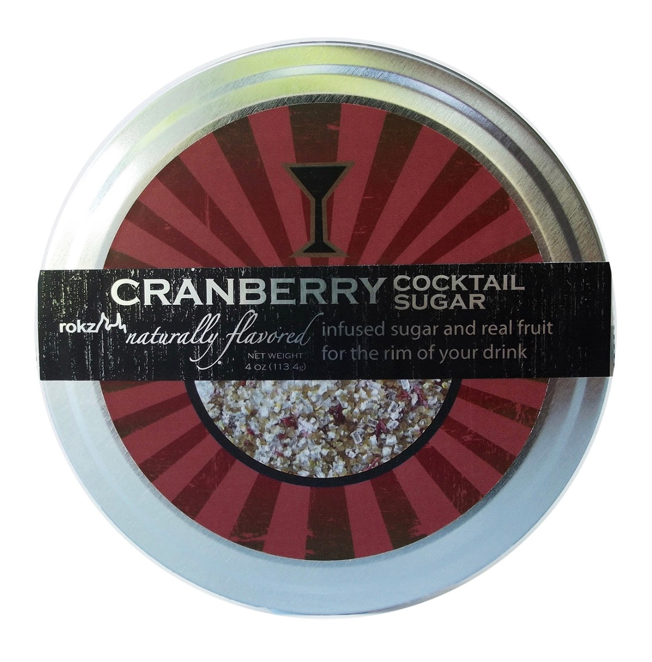 rokz Cranberry Cocktail Sugar rimmer container with bold red label design.
