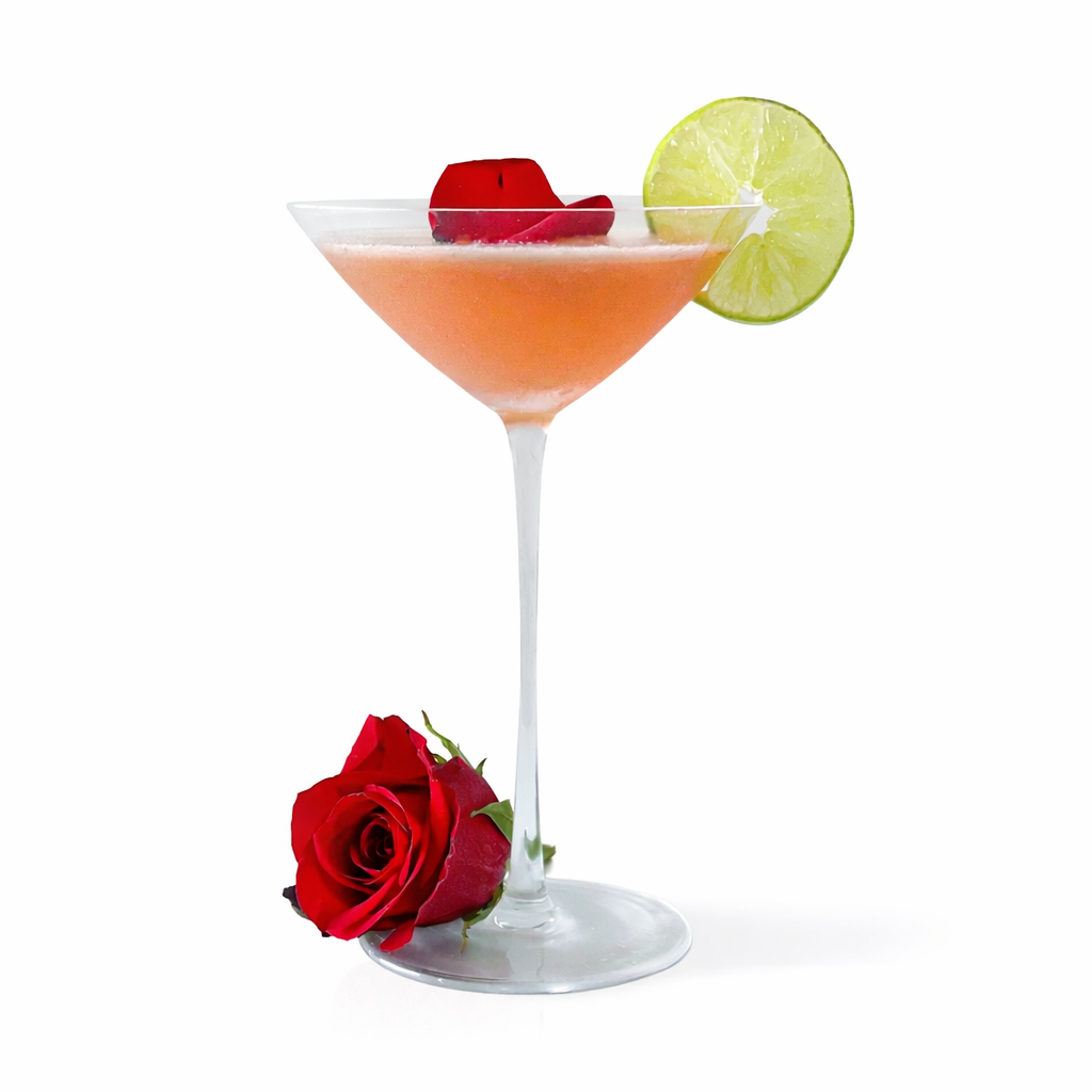 Strawberry Rose daiquiri cocktail in coupe glass with lime slice and rose garnish