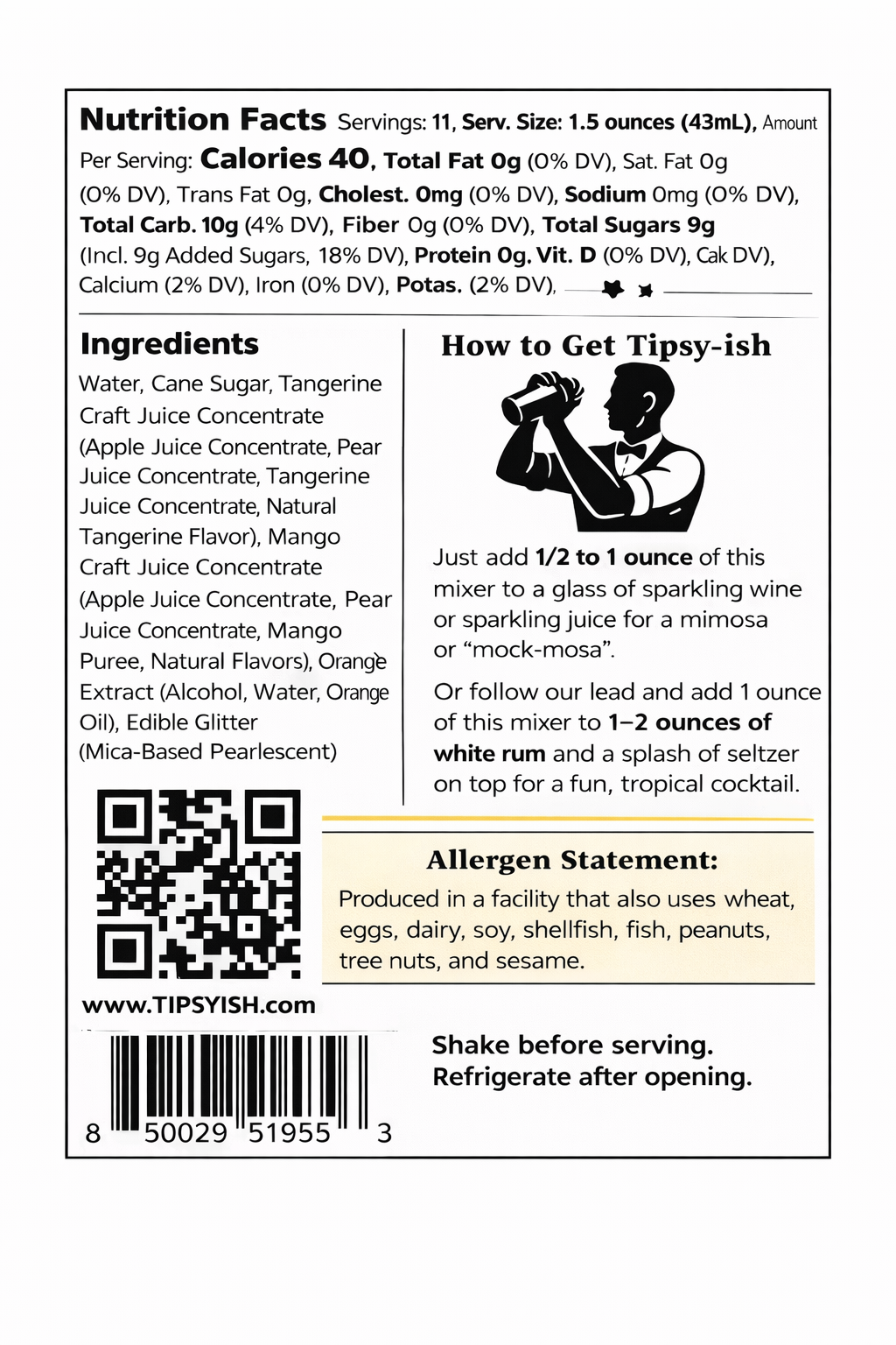 Back label of Tipsyish Good Day Sunshine Glitter Mimosa Mixer showing ingredients, nutrition facts, and mimosa cocktail instructions.