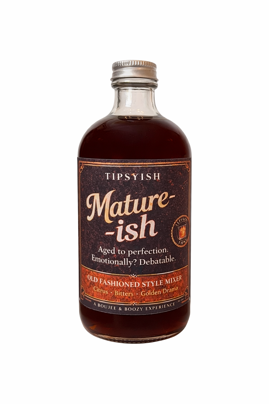 Tipsyish Mature-ish Old Fashioned Style Mixer bottle on white background.