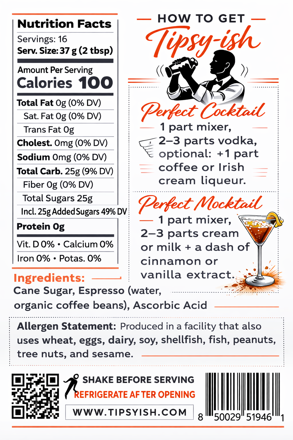 Back label of Tired But Tipsy Espresso Martini Mixer showing nutrition facts, ingredients, and cocktail and mocktail instructions.