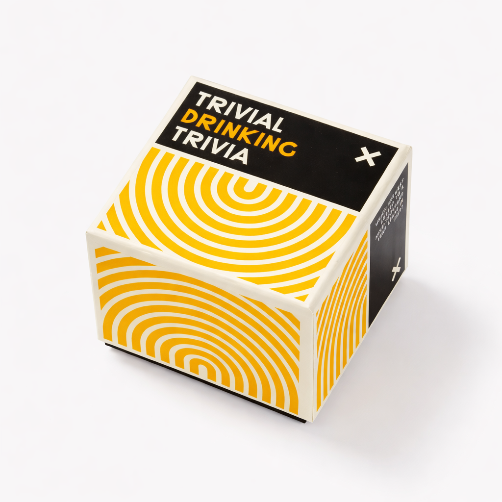 Trivial Drinking Trivia game box with bold yellow and black design, a fun party game and gift for cocktail lovers.