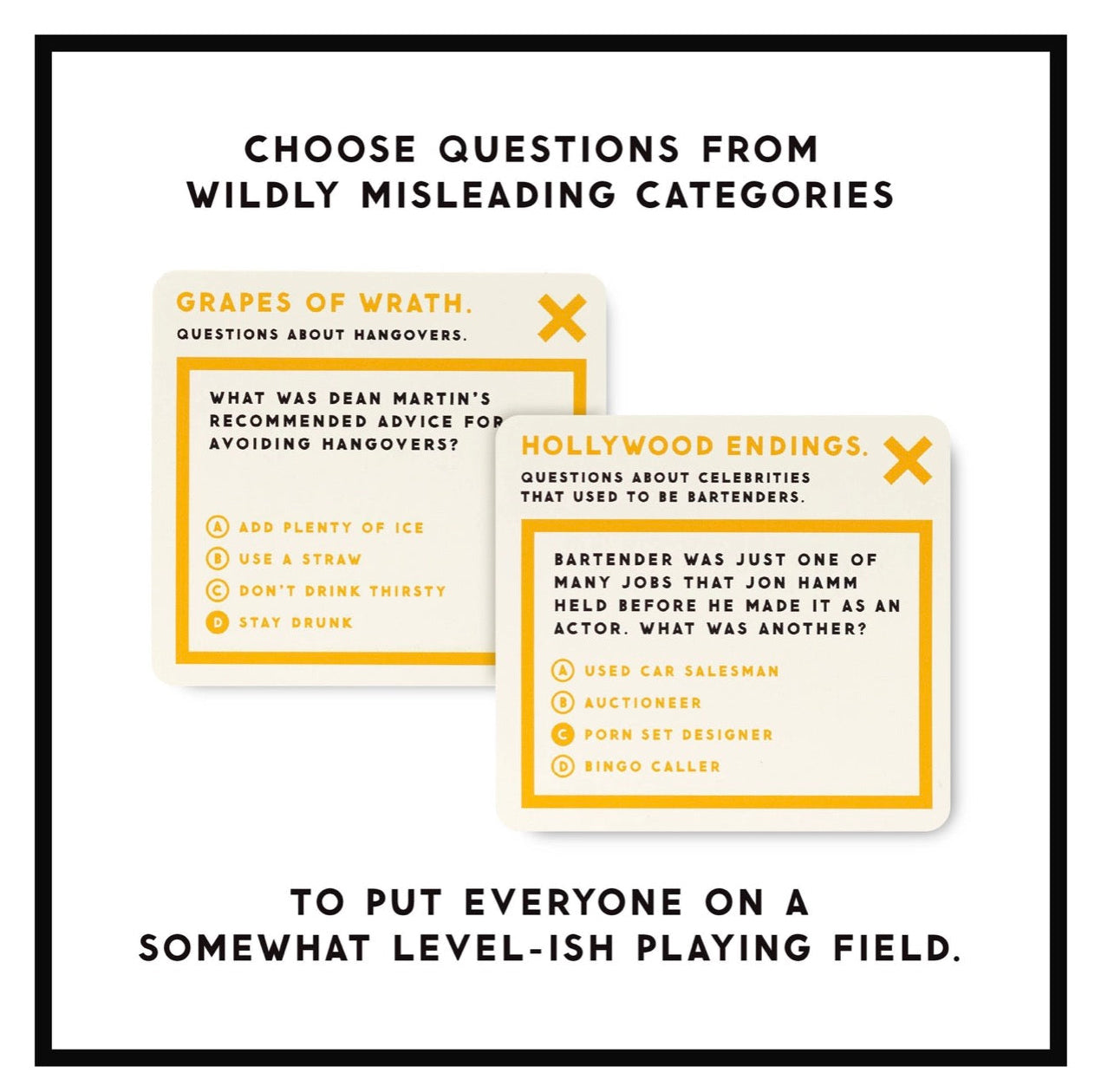 Trivial Drinking Trivia game cards showing misleading categories like Grapes of Wrath and Hollywood Endings, a humorous party game for cocktail lovers.