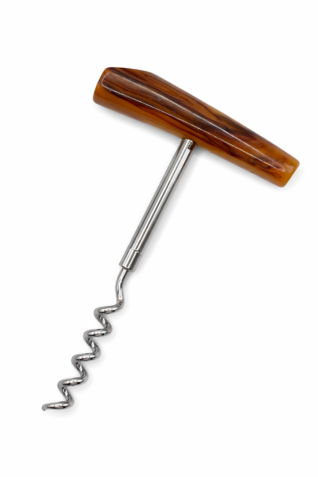 Vintage Bakelite T-handle corkscrew with marbled amber handle and chrome spiral
