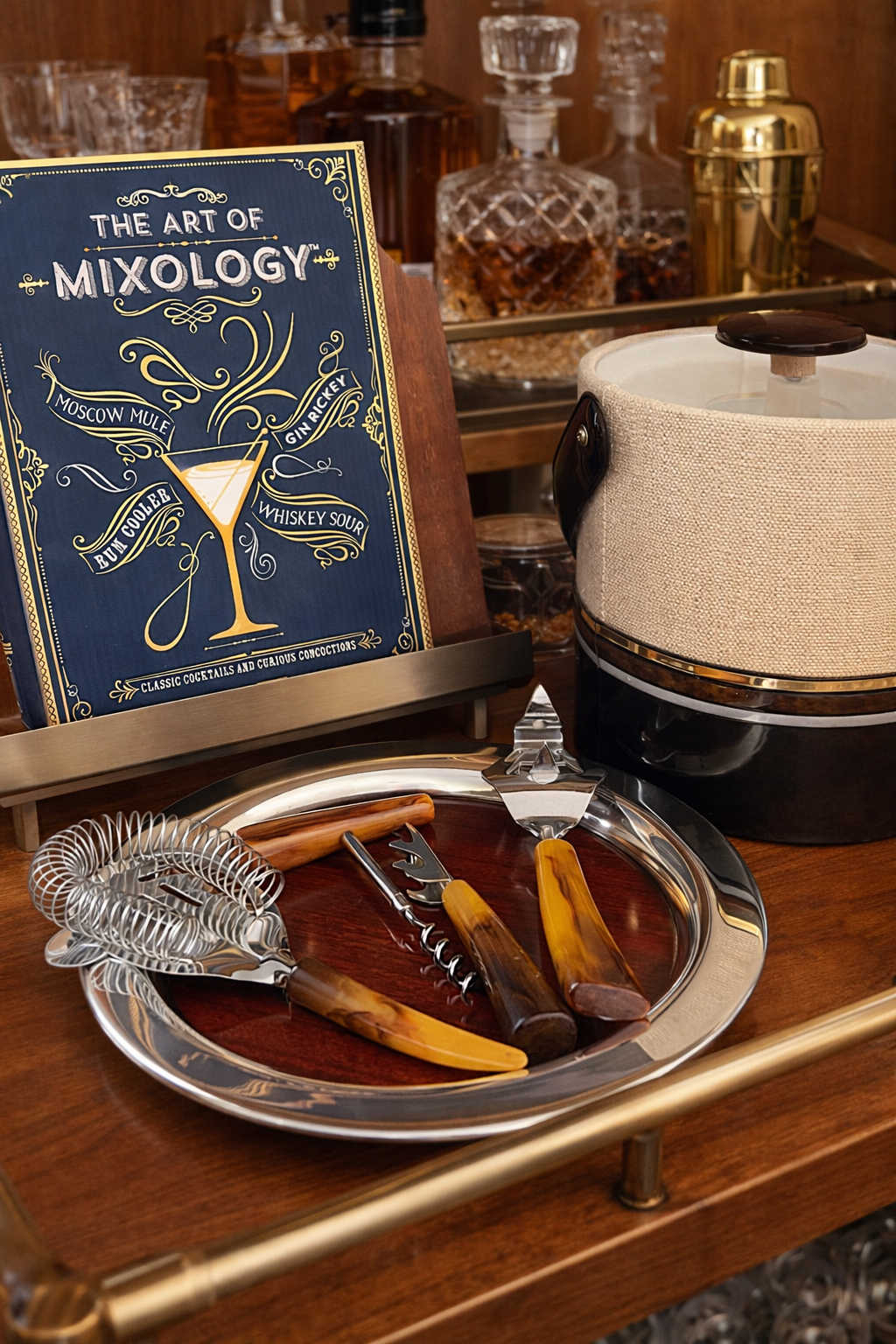 Vintage bar tools with horn handles displayed on a silver tray beside The Art of Mixology book and a retro ice bucket, styled on a midcentury modern bar cart.