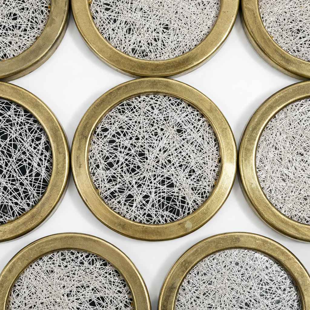 Set of vintage mid century brass coasters with spaghetti string lucite inserts
