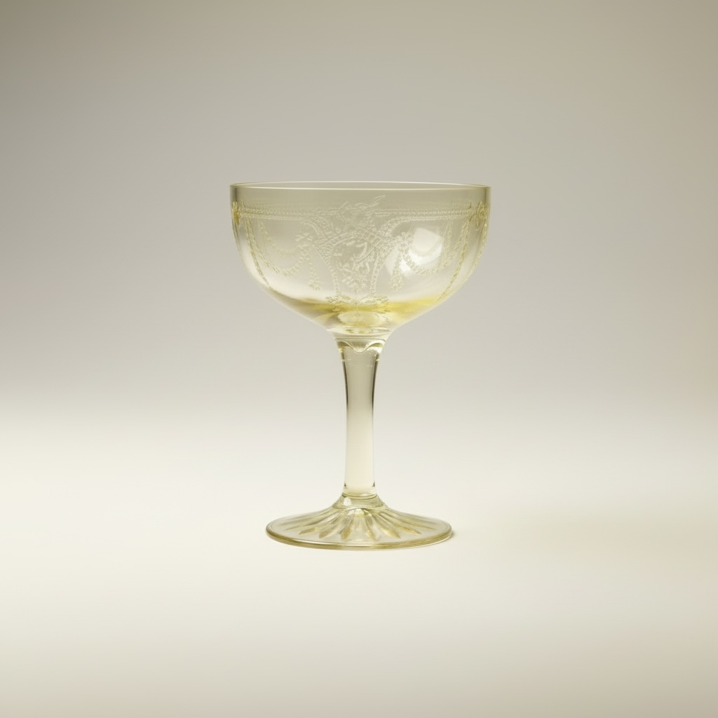 Single vintage canary yellow coupe glass with delicate etched floral pattern and pedestal base
