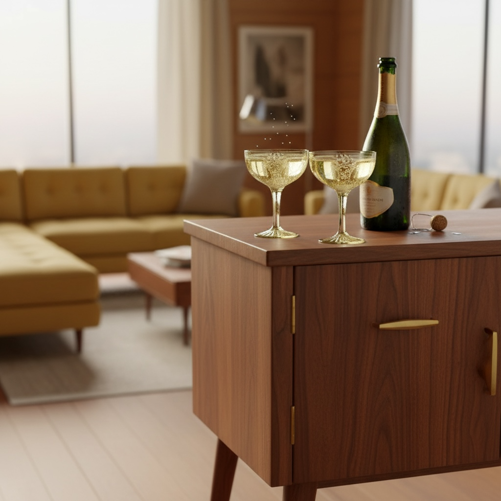 Vintage canary yellow coupe glasses filled with champagne on a mid century modern bar cabinet with bottle and cork
