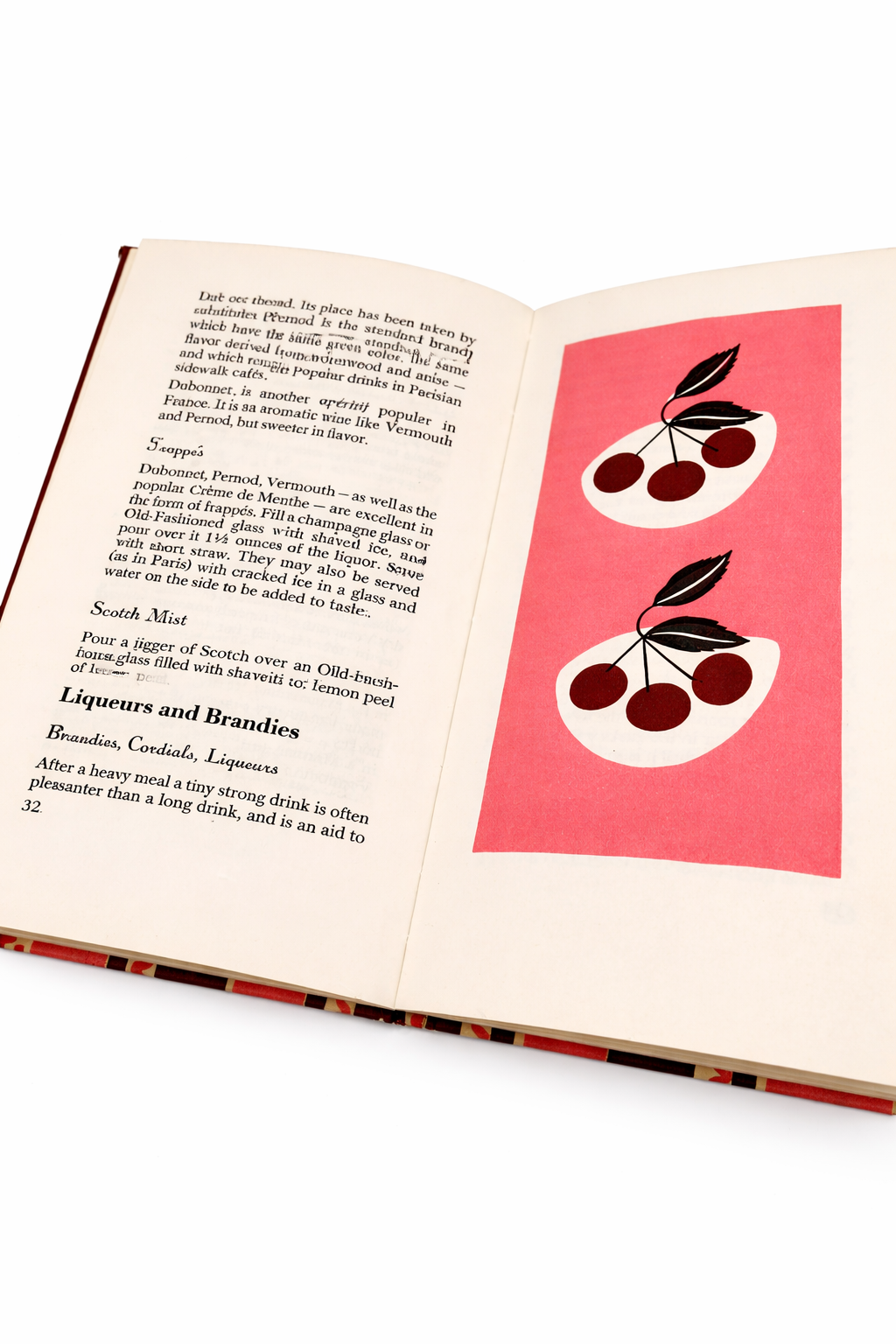Vintage cocktail book illustration featuring stylized cherries on pink background
