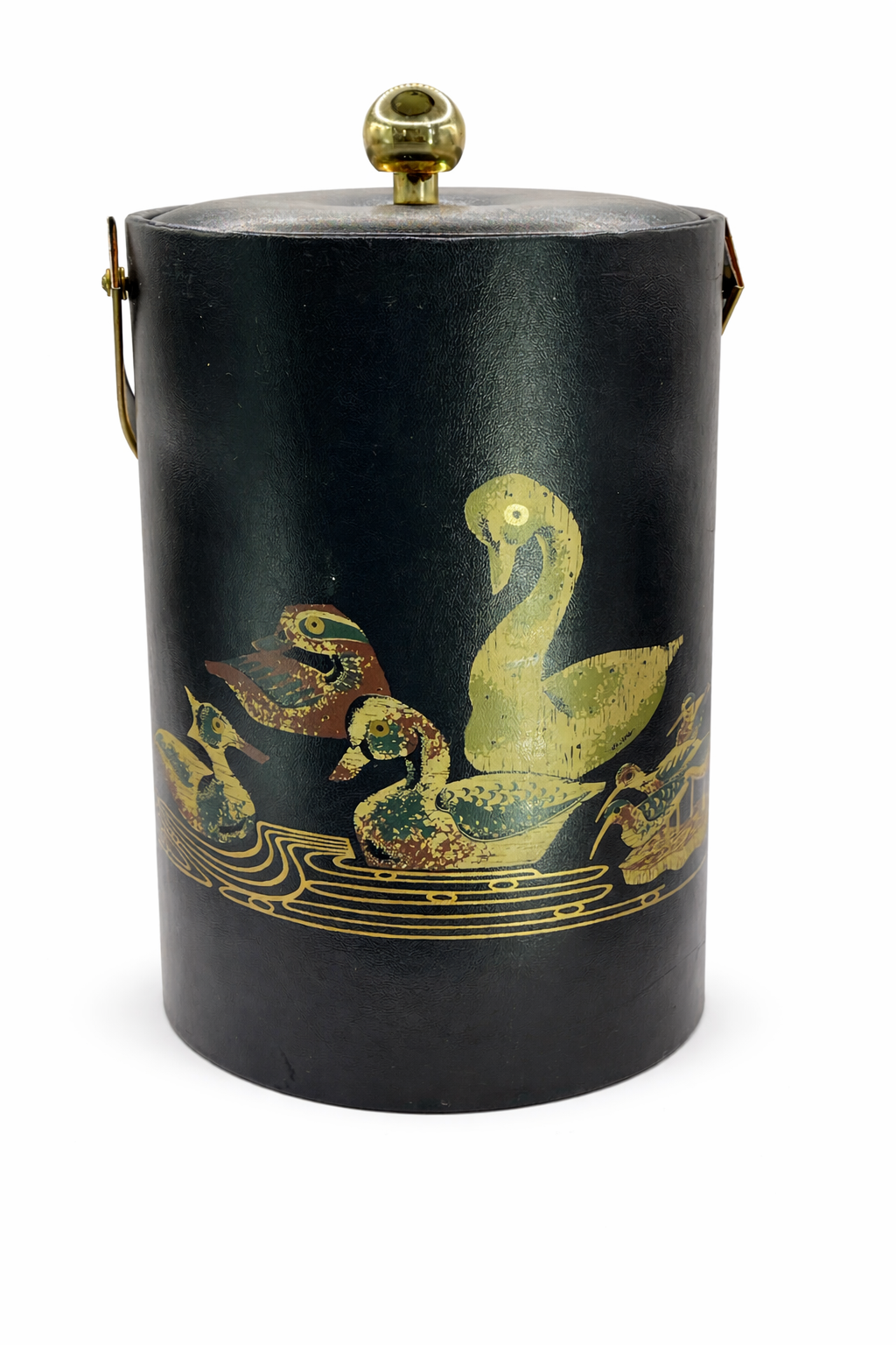 Vintage Courroc Monterey ice bucket with gold swan and duck waterfowl design on textured black background