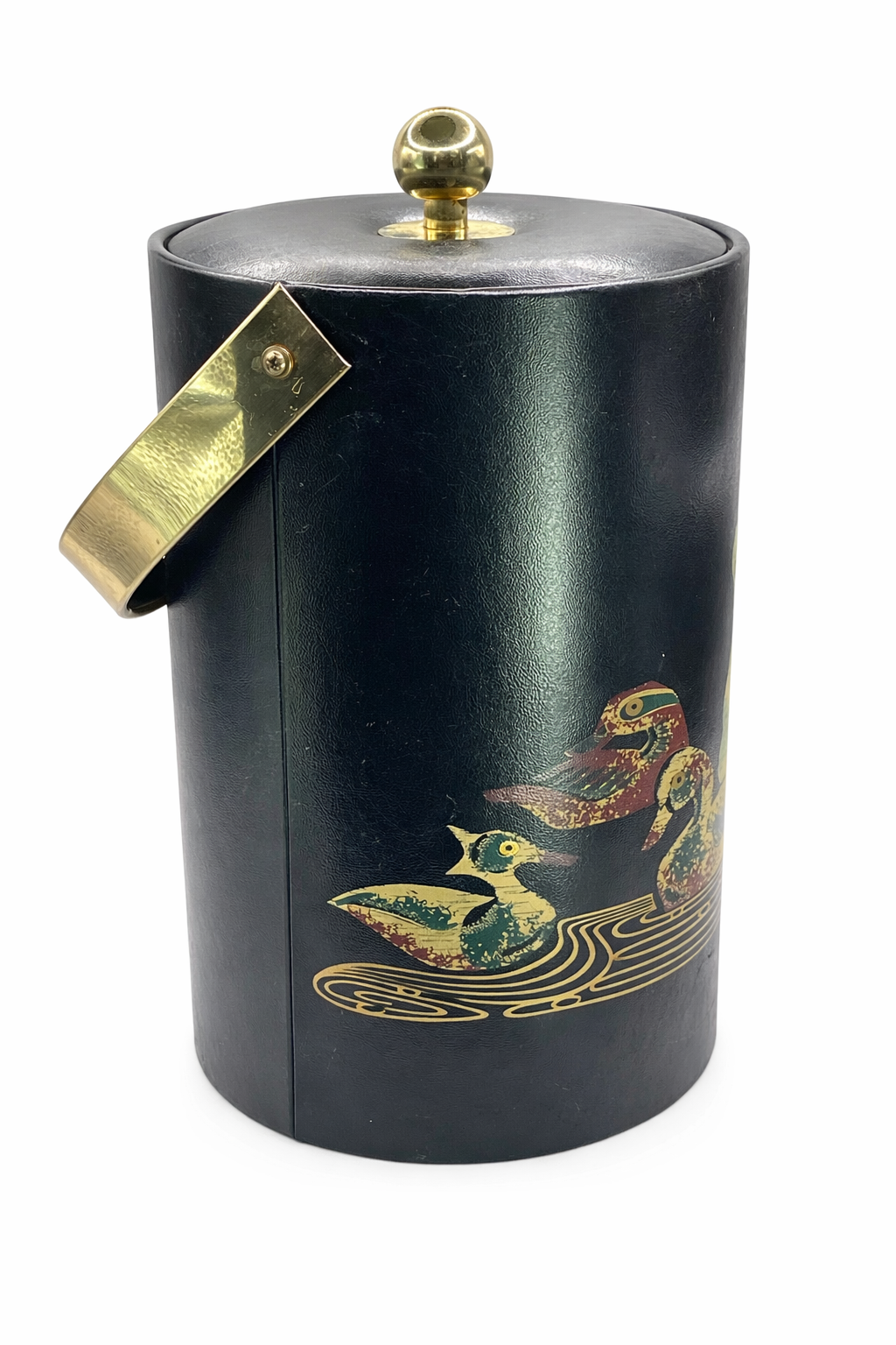 Side view of Courroc ice bucket featuring ducks and swan mid century design.