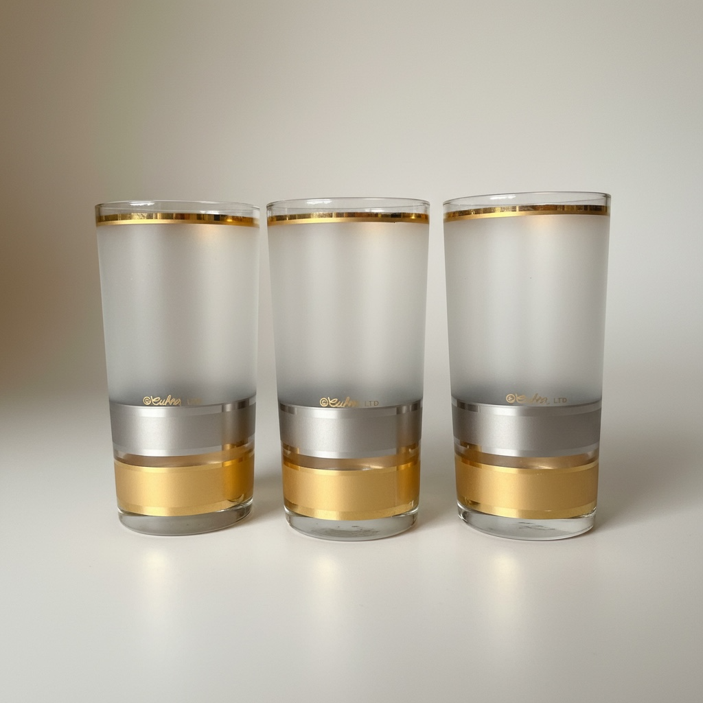 Three vintage Culver highball glasses showing frosted finish and gold accents