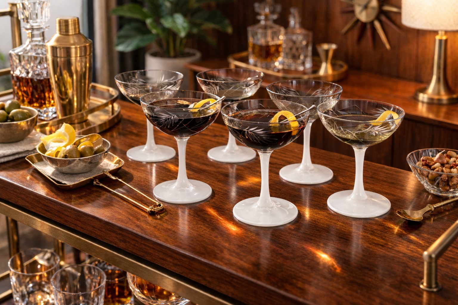 Set of six vintage etched coupe glasses with white milk glass stems displayed on a midcentury modern home bar with cocktails, olives, and brass barware.