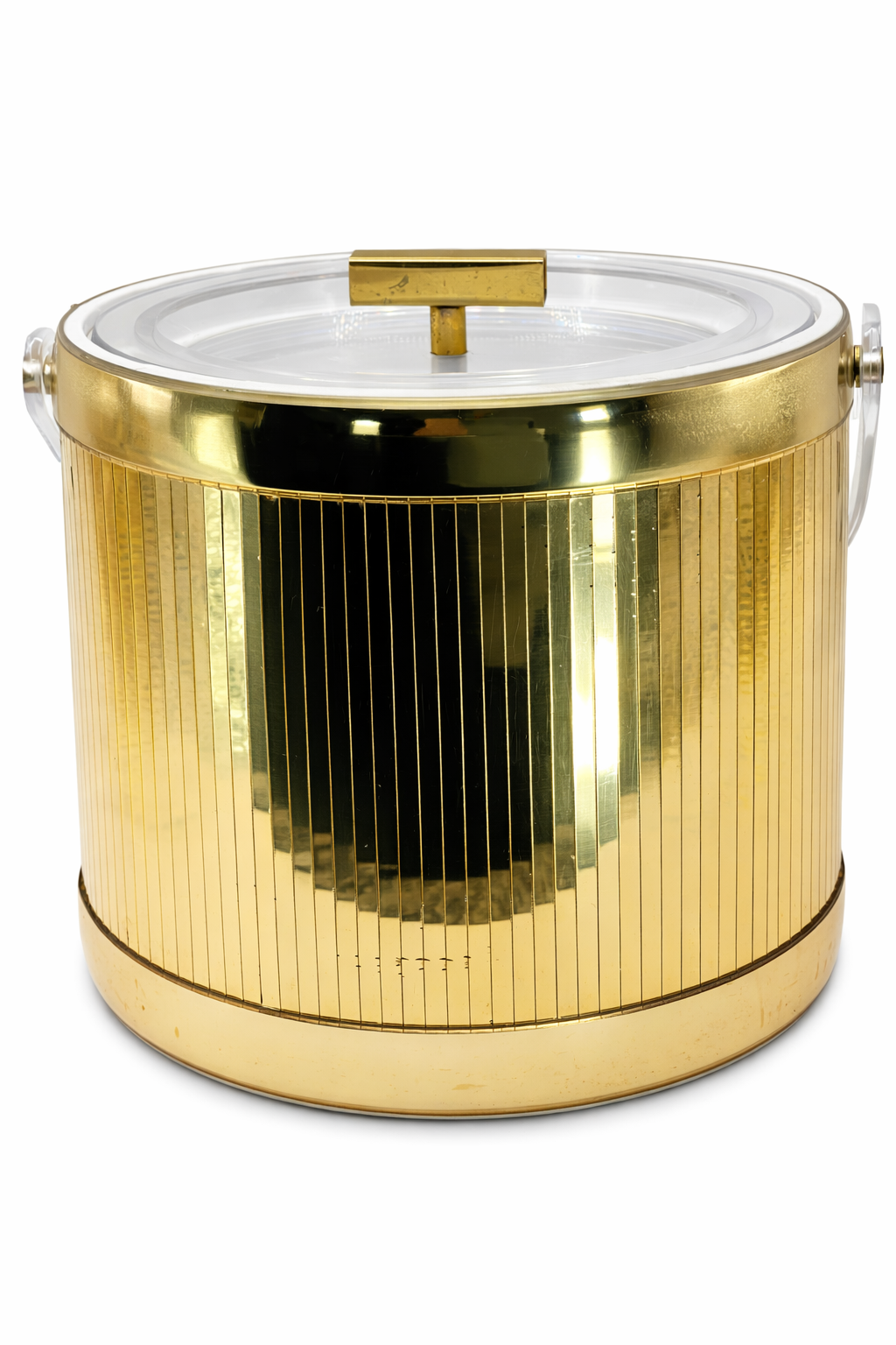 Vintage Georges Briard gold ribbed ice bucket with lucite handle and acrylic lid
