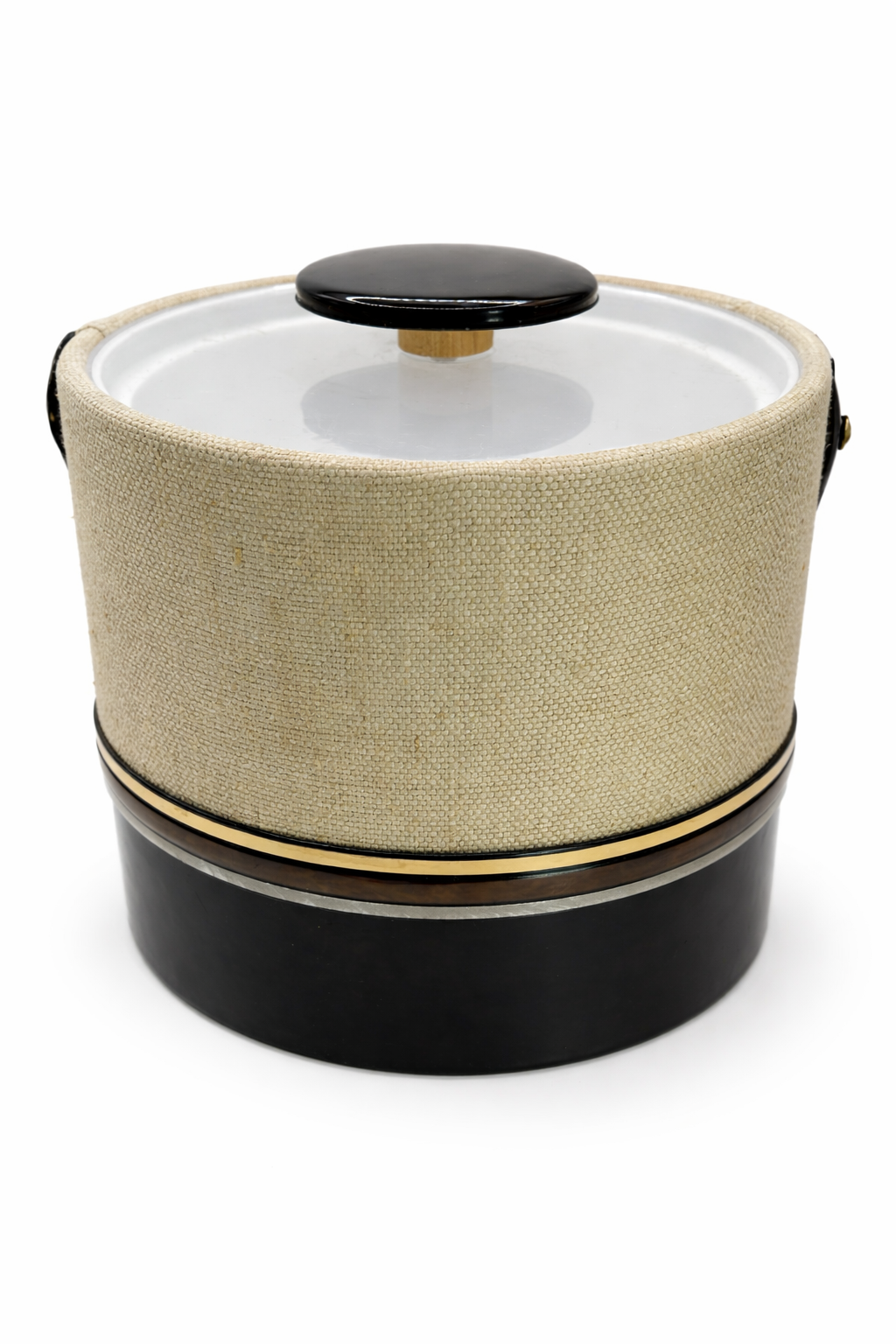 Vintage Georges Briard ice bucket with linen wrapped exterior and lucite base
